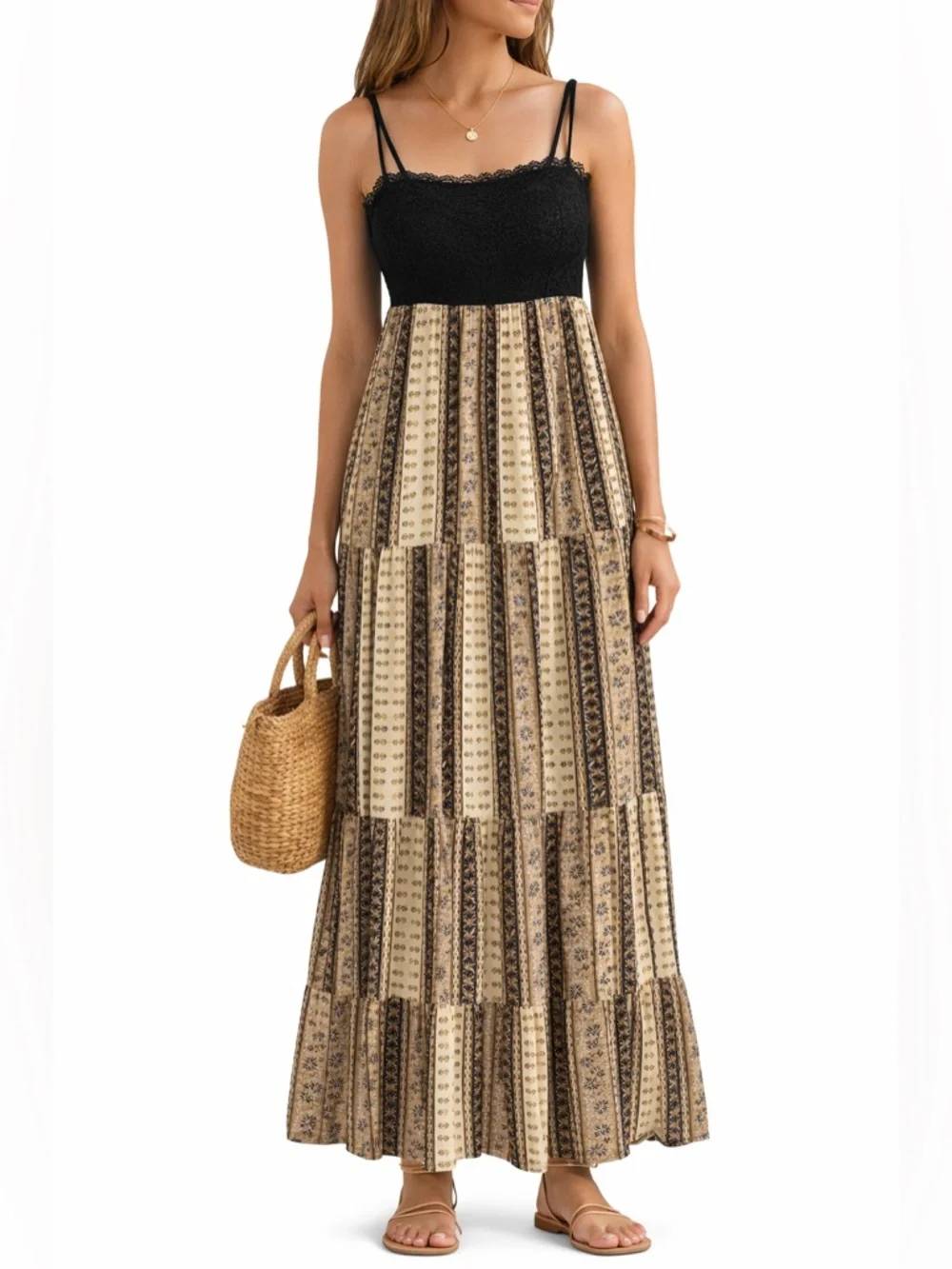 Bohemian Lace-Trim Maxi Dress with Black Bodice - Picture 1 of 4